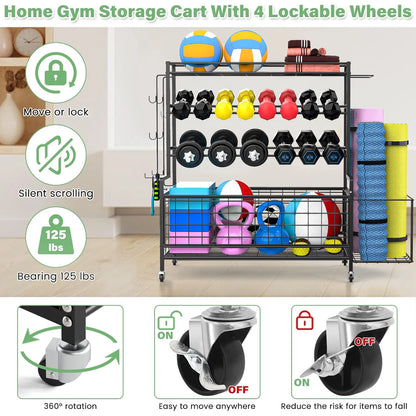 Dumbbell Rack, Balls Workout Equipment Storage Organizer Yoga Mat with Hooks and Wheels