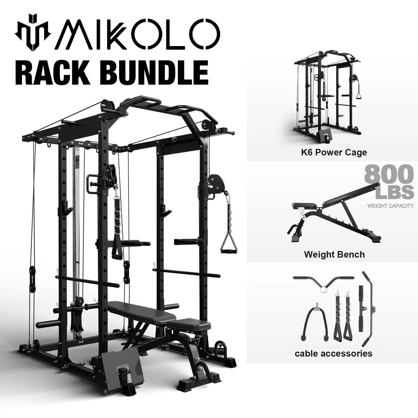 Power Rack Cage, 1500LBS Weight Cage with 800LB Capacity Adjustable Weight Bench, Multi-Function Workout Rack Cage with Storage System, J-Hook, Band Peg, Battle Rope Ring Home Gym